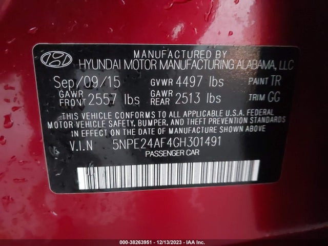 2016 HYUNDAI SONATA SE VIN: 5NPE24AF4GH301491