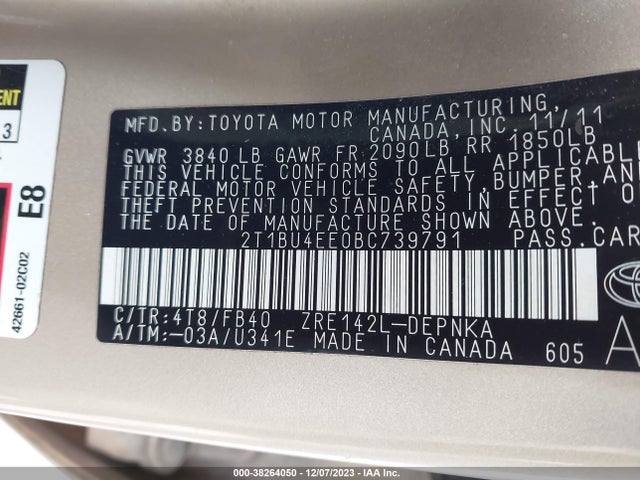 2011 TOYOTA COROLLA LE VIN: 2T1BU4EE0BC739791