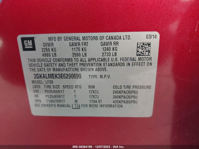 GMC Terrain Sle-1 2014 2GKALMEK3E6290699 Image 9