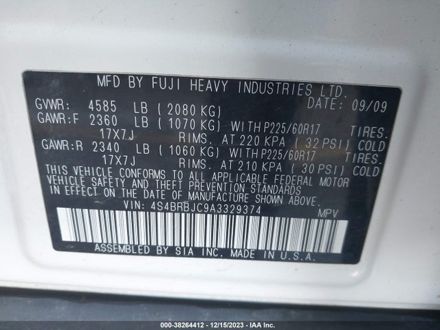 2010 SUBARU OUTBACK 2.5I LIMITED VIN: 4S4BRBJC9A3329374