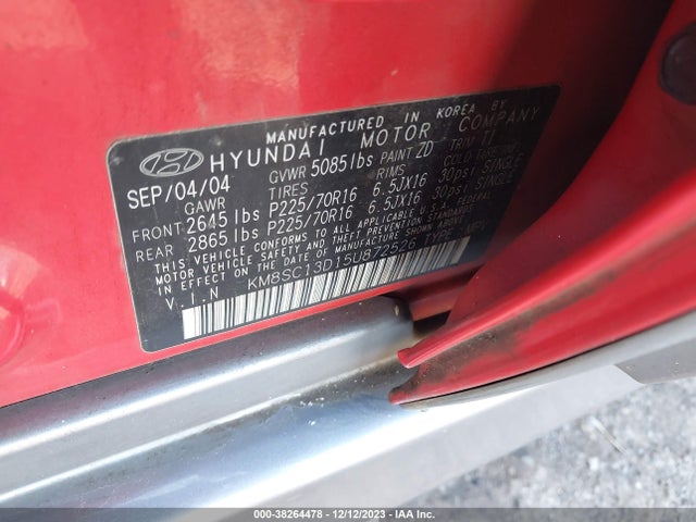 2005 HYUNDAI SANTA FE GLS VIN: KM8SC13D15U872526