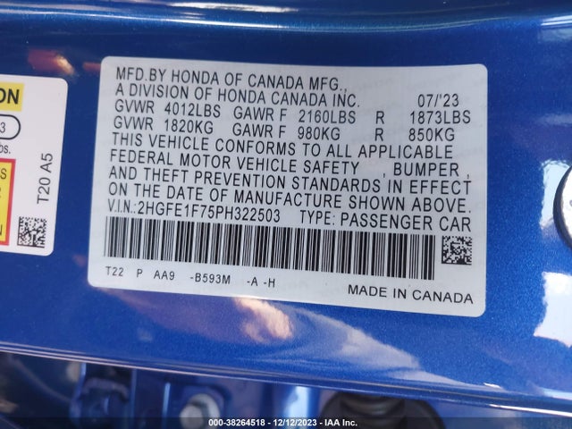 Honda Civic Ex /ex W/o Bsi 2023 2HGFE1F75PH322503 Image 9