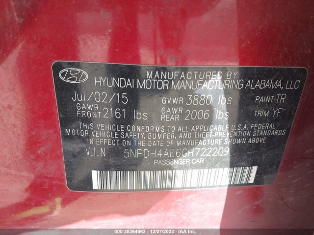 2016 HYUNDAI ELANTRA SE VIN: 5NPDH4AE6GH722209