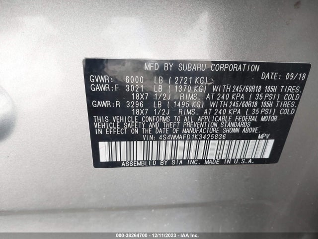 2019 SUBARU ASCENT PREMIUM VIN: 4S4WMAFD1K3425836