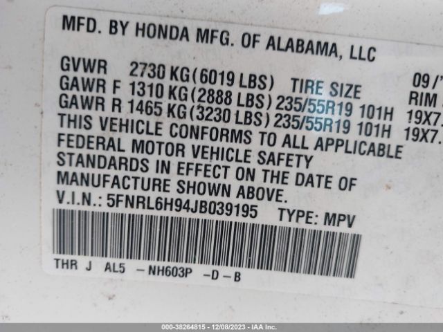 5FNRL6H94JB039195 Honda Odyssey Elite