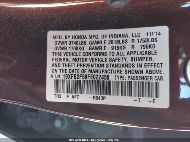 Honda Civic Lx 2015 19XFB2F58FE022458 Image 9