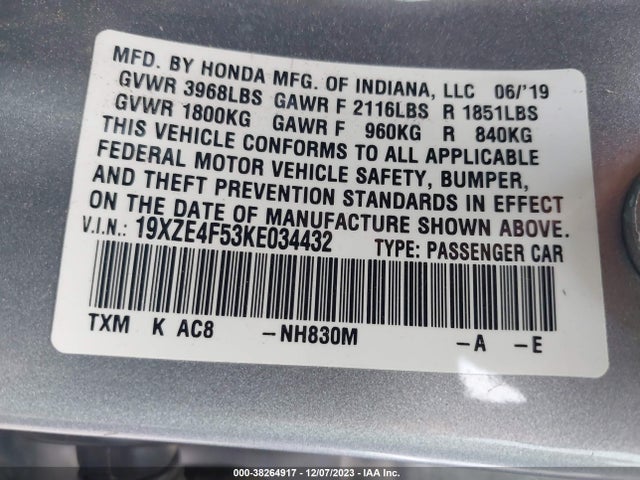 Honda INSIGHT EX 2019 19XZE4F53KE034432 Image 9
