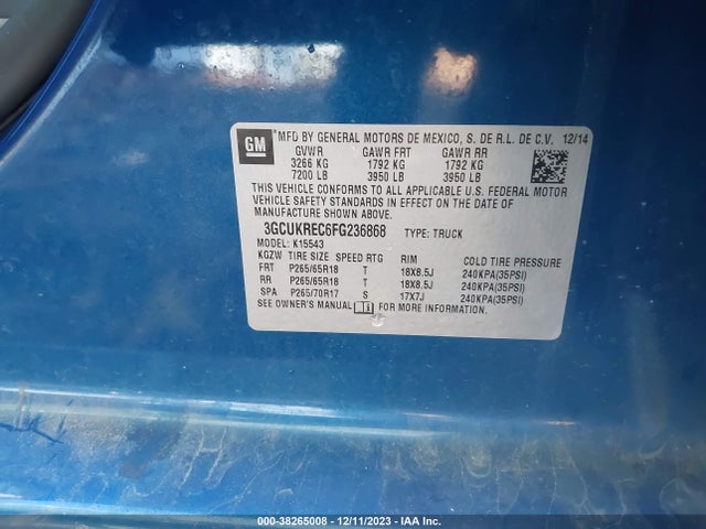 Chevrolet Silverado 1500 2lt 2015 3GCUKREC6FG236868 Image 9