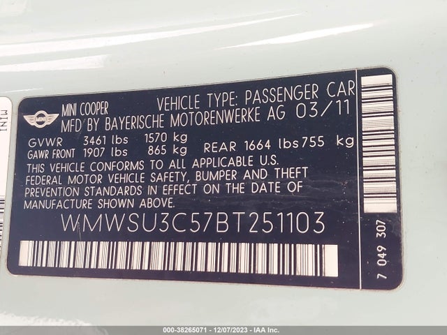 2011 MINI COOPER WMWSU3C57BT251103 Photo 8
