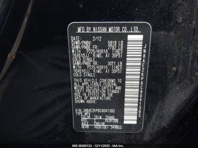 2012 NISSAN QUEST S VIN: JN8AE2KP6C9041393
