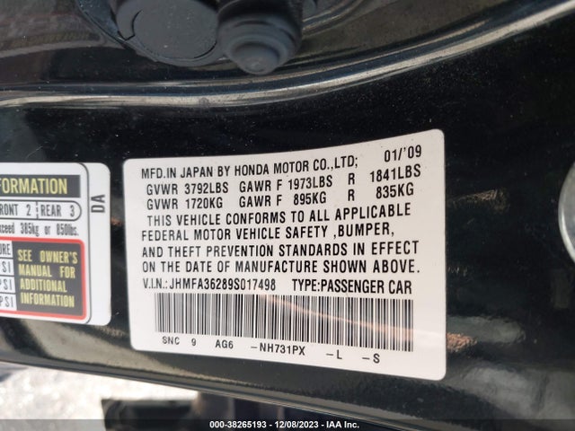 2009 HONDA CIVIC HYBRID VIN: JHMFA36289S017498