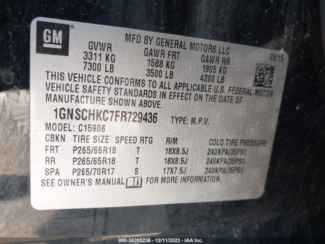 Chevrolet Suburban 1500 Ls 2015 1GNSCHKC7FR729436 Image 9