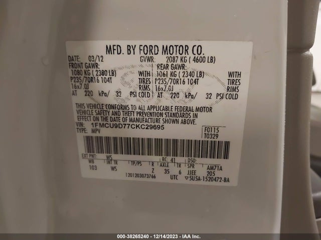 2012 FORD ESCAPE XLT VIN: 1FMCU9D77CKC29695