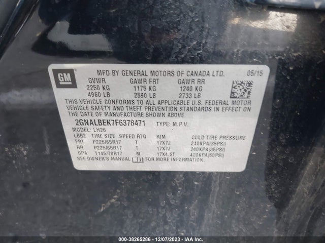 Chevrolet EQUINOX 1LT 2015 2GNALBEK7F6378471 Image 9