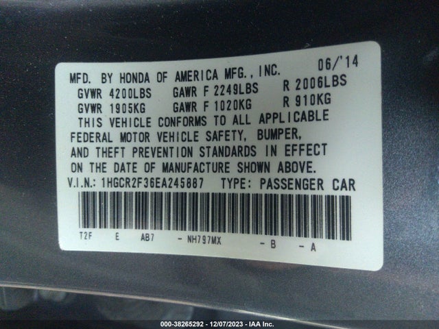 Honda ACCORD LX 2014 1HGCR2F36EA245887 Image 9