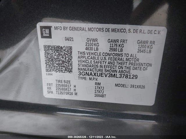 2021 CHEVROLET EQUINOX AWD LT VIN: 3GNAXUEV3ML378129