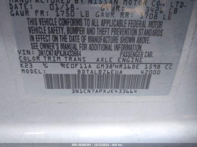 3N1CN7APXJK433664 Nissan Versa 1.6 Sv