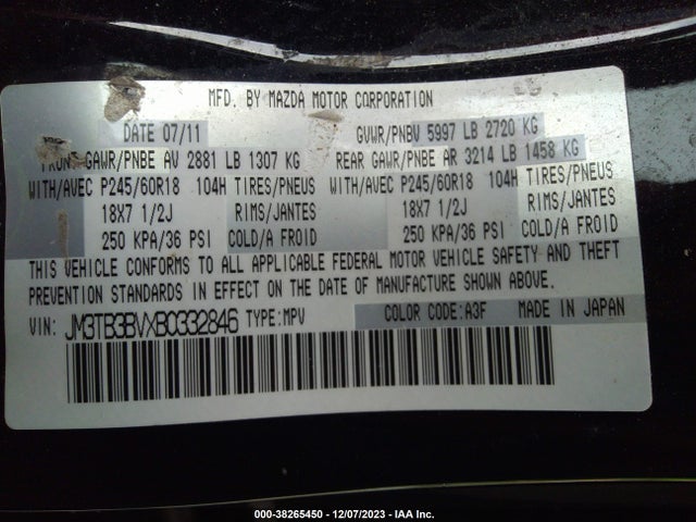 2011 MAZDA CX-9 SPORT VIN: JM3TB3BVXB0332846