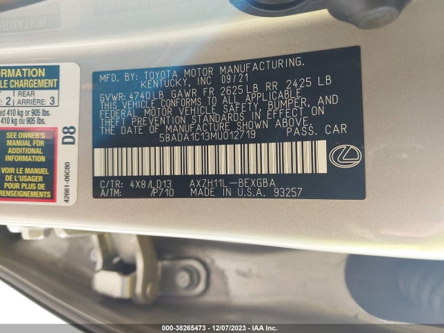 2021 LEXUS ES 300H VIN: 58ADA1C13MU012719