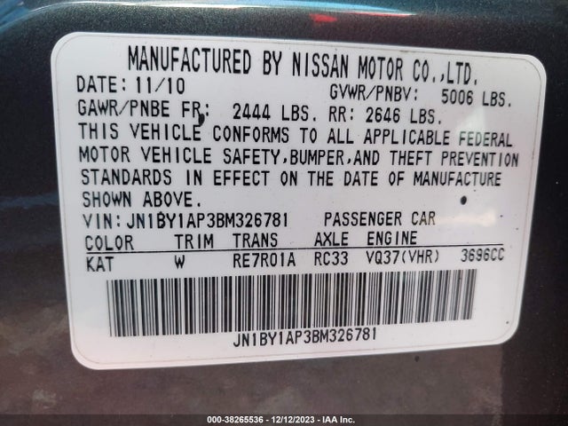 2011 INFINITI M37 VIN: JN1BY1AP3BM326781