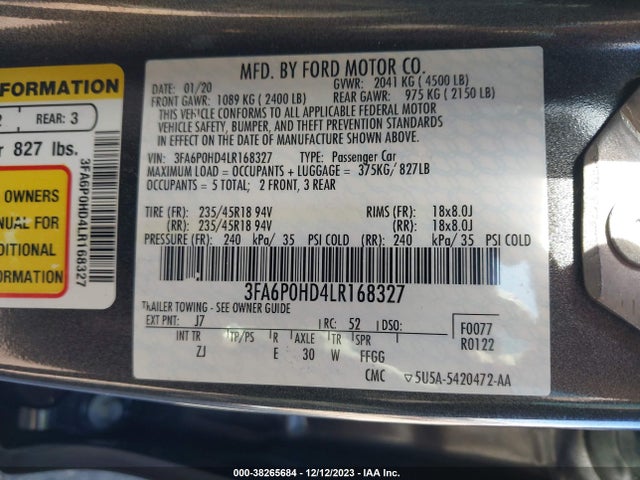 2020 FORD FUSION SE VIN: 3FA6P0HD4LR168327