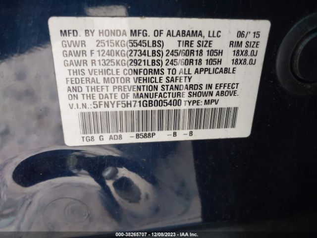5FNYF5H71GB005400 Honda Pilot Ex-l