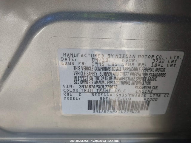 2013 NISSAN SENTRA S VIN: 3N1AB7APXDL779678