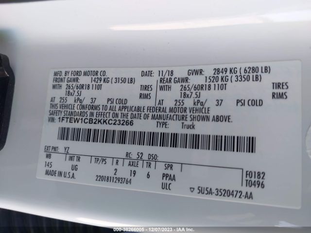 1FTEW1CB2KKC23266 Ford F-150 Xlt