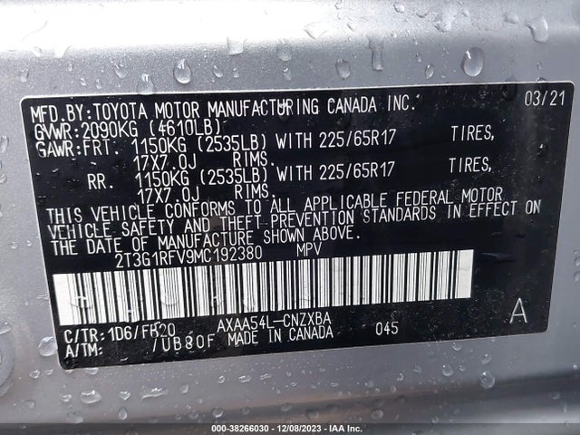2021 TOYOTA RAV4 LE VIN: 2T3G1RFV9MC192380