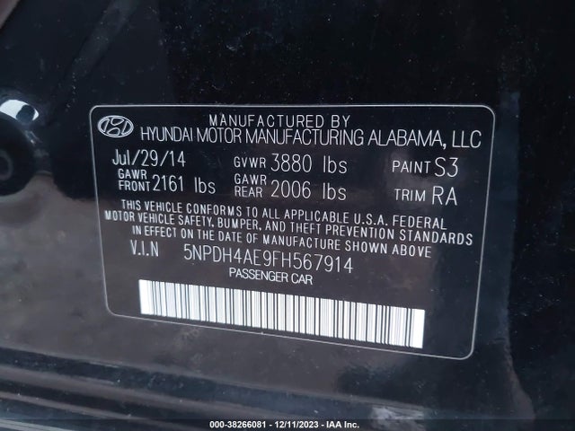 2015 HYUNDAI ELANTRA SE VIN: 5NPDH4AE9FH567914