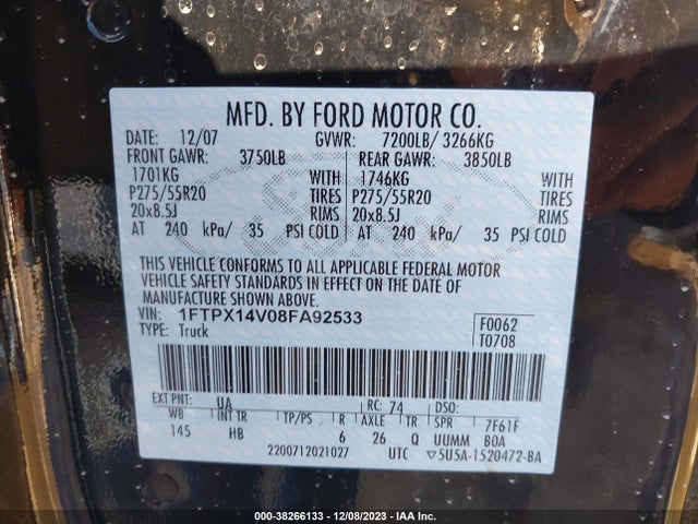 2008 FORD F-150 FX4/LARIAT/XL/XLT VIN: 1FTPX14V08FA92533