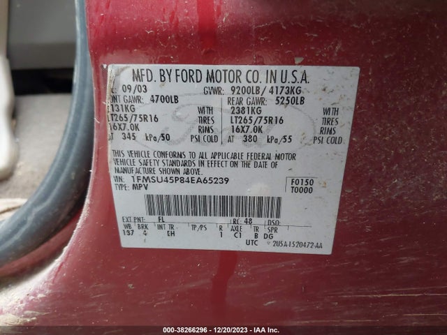 2004 FORD EXCURSION EDDIE BAUER VIN: 1FMSU45P84EA65239