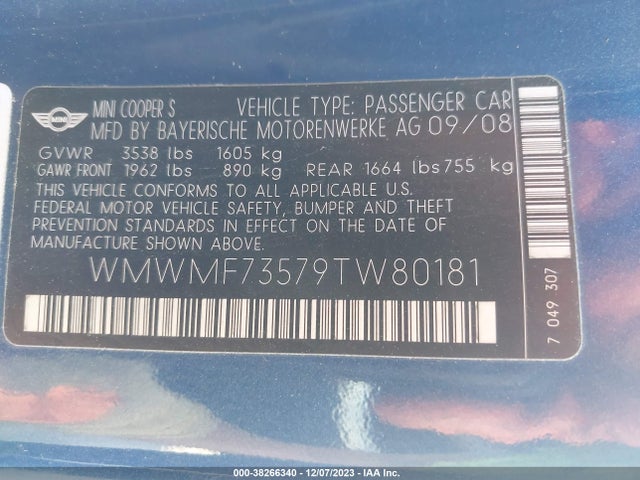 2009 MINI COOPER S WMWMF73579TW80181 Photo 8