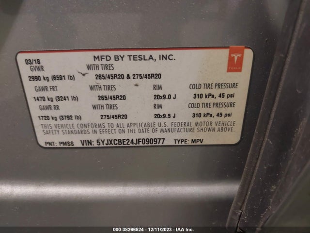 2018 TESLA MODEL X 100D/75D/P100D VIN: 5YJXCBE24JF090977