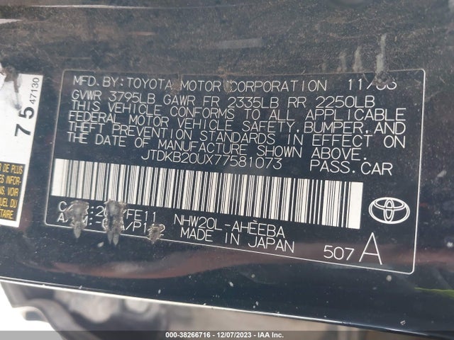 2007 TOYOTA PRIUS VIN: JTDKB20UX77581073