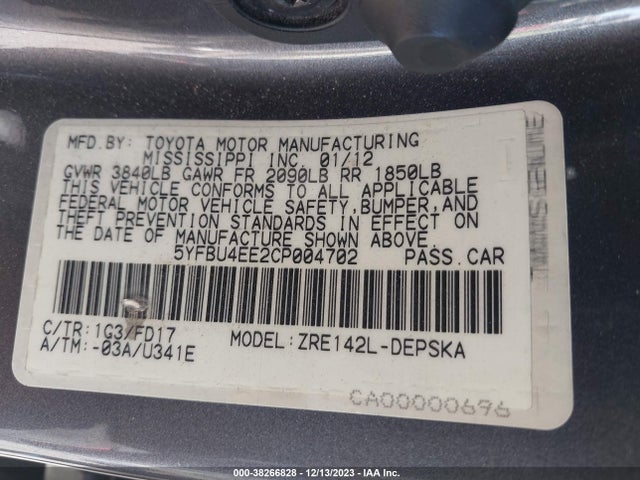2012 TOYOTA COROLLA S VIN: 5YFBU4EE2CP004702
