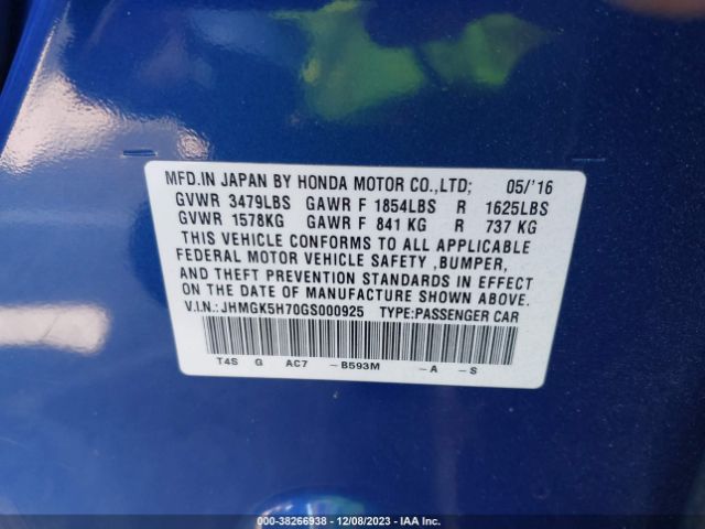 JHMGK5H70GS000925 Honda FIT EX