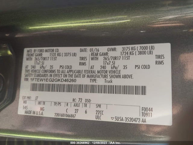 2016 FORD F-150 XLT VIN: 1FTEW1EG2GKD46260