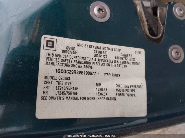 1997 CHEVROLET C/K 2500 HD SILVERADO FLEETSIDE VIN: 1GCGC29R8VE198677