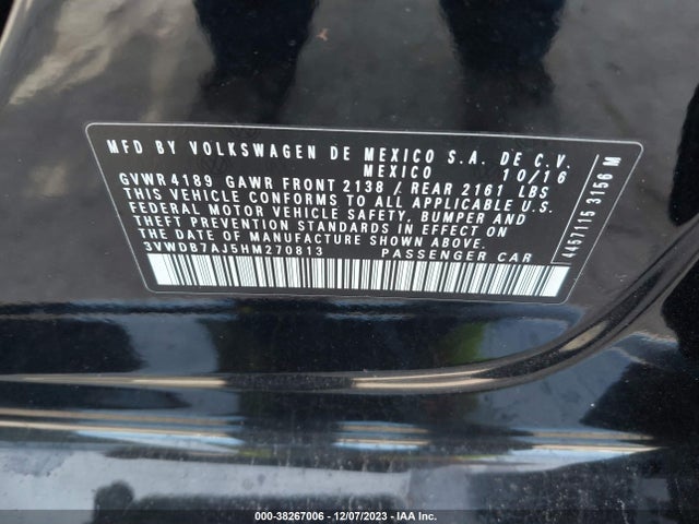 2017 VOLKSWAGEN JETTA 1.4T SE VIN: 3VWDB7AJ5HM270813