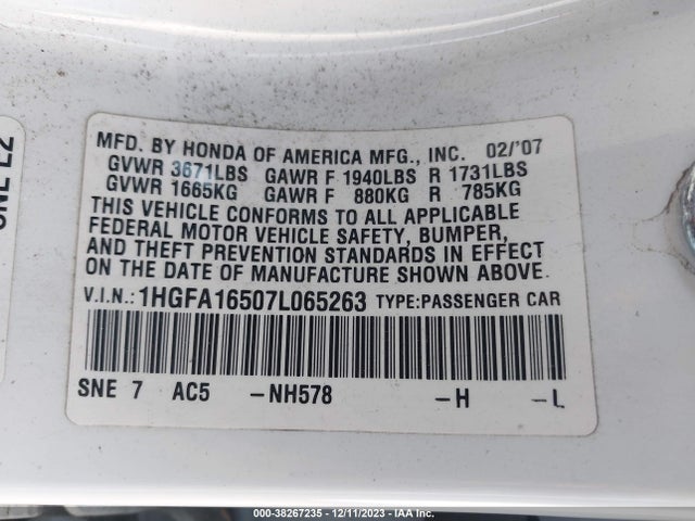 2007 HONDA CIVIC LX VIN: 1HGFA16507L065263