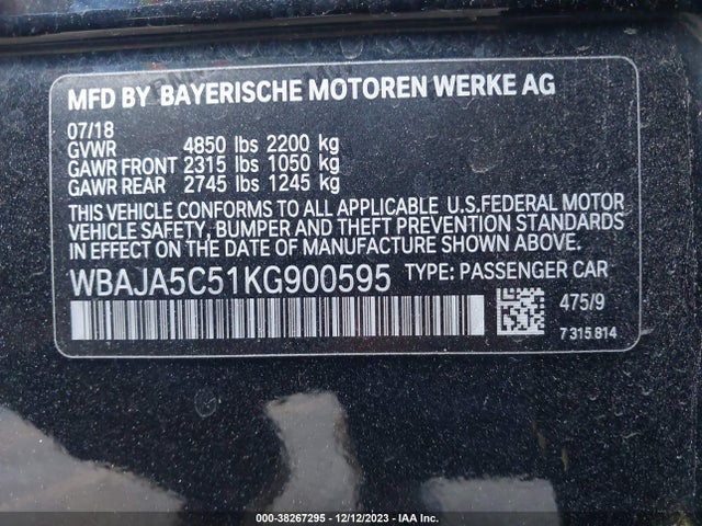 BMW 530I 2019 WBAJA5C51KG900595 Image 9