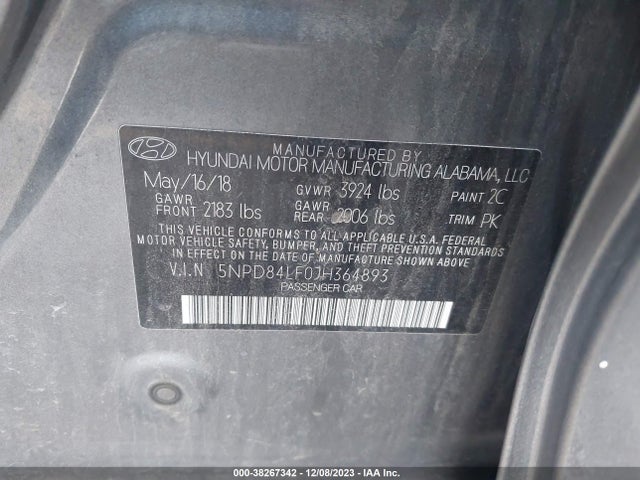 2018 HYUNDAI ELANTRA SEL VIN: 5NPD84LF0JH364893