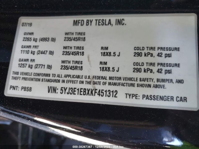 5YJ3E1EBXKF451312 Tesla Model 3 Long Range/performance