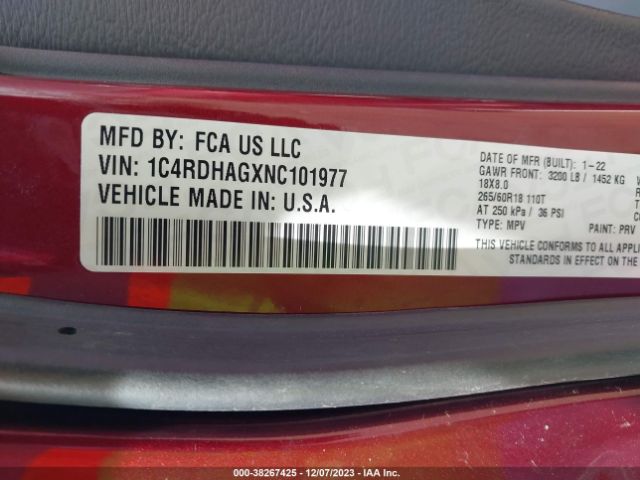 1C4RDHAGXNC101977 Dodge Durango Sxt Rwd