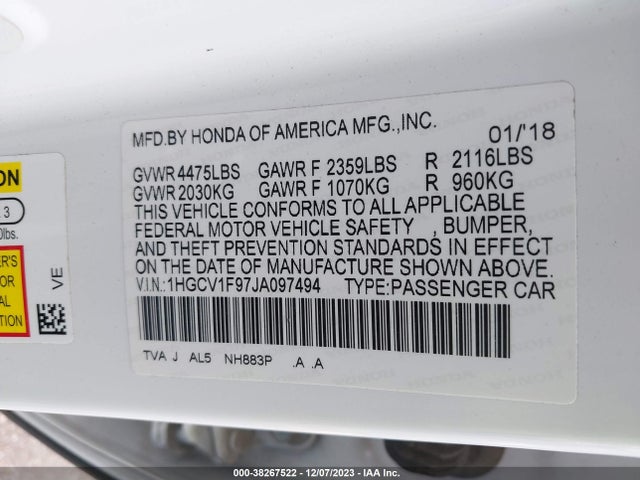 Honda Accord Touring 2018 1HGCV1F97JA097494 Image 9