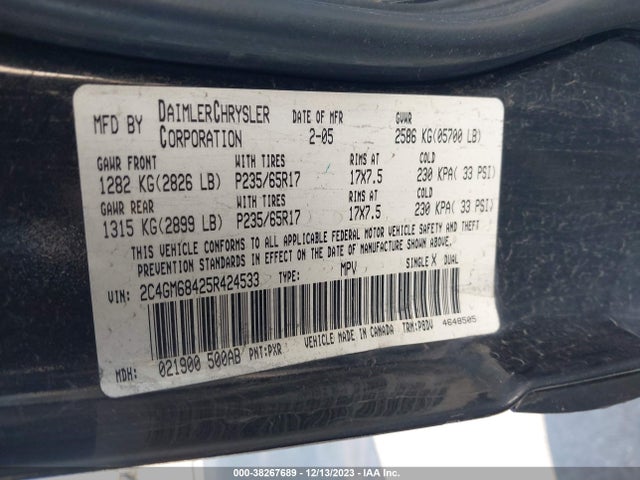 Aukcja sprzedaży 2005 Chrysler Pacifica Touring, vin: 2C4GM68425R424533, numer aukcji: 38267689