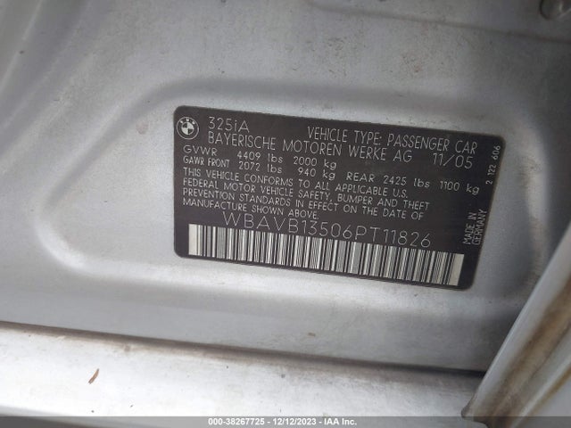 2006 BMW 325I VIN: WBAVB13506PT11826