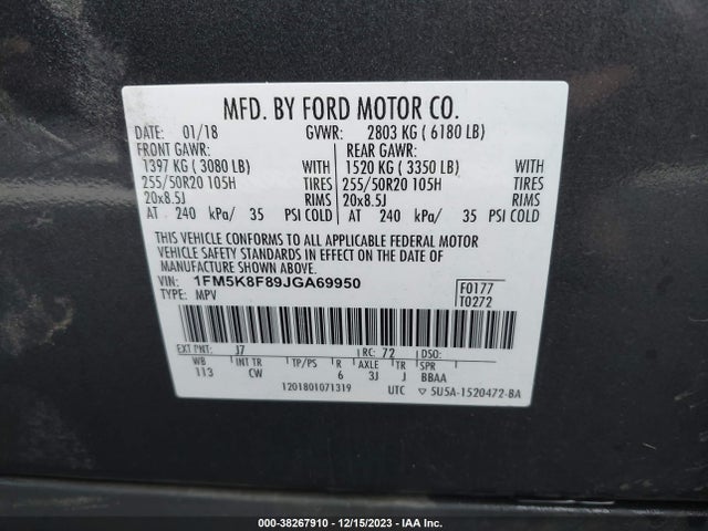 2018 FORD EXPLORER LIMITED VIN: 1FM5K8F89JGA69950