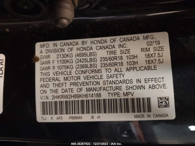Honda Cr-v Ex-l 2019 2HKRW2H89KH614188 Image 9